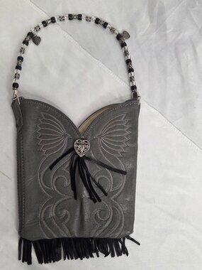Handmade Upcycled Cowboy Boot Purse Grey Leather Western Handbag Beaded Strap
